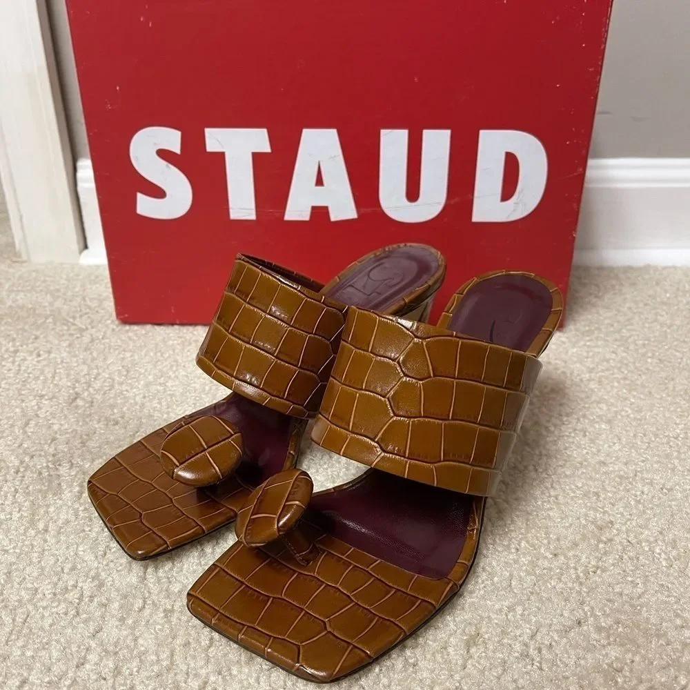 STAUD Luna Croc-Embossed Leather Mules